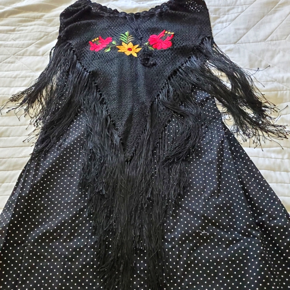 polka dot strapless dress with embroidered shawl